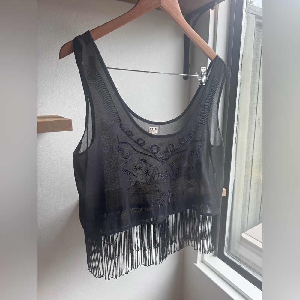 Uniq Sheer Black Fringe Tank